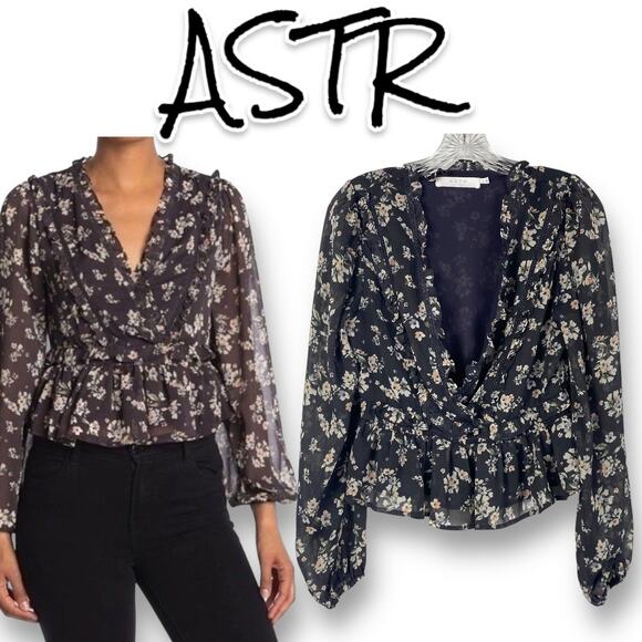 Astr Tops - ASTR The Label Ditsy Floral Chiffon Faux Wrap Sheer Sleeve Womens Size Small